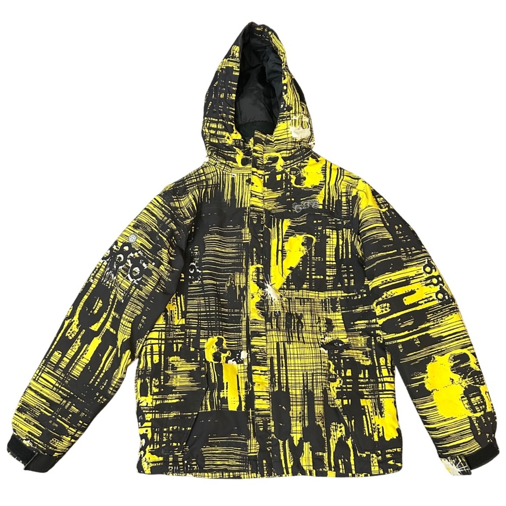 686 Boys L Snowboard Jacket Yellow Black Abstract Graphic Print Hooded Ski Coat